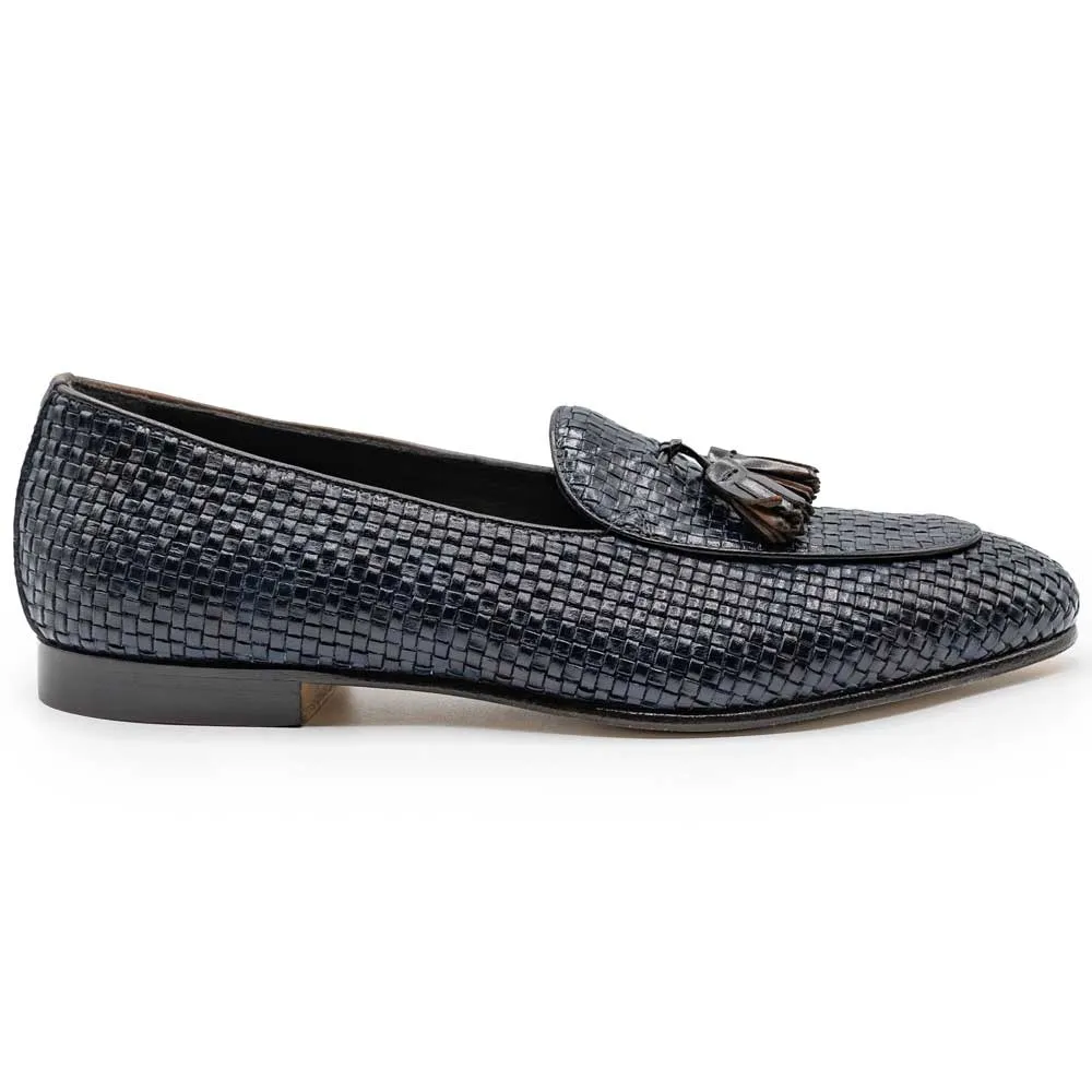 15-216-NVY TINO Calfskin Woven Tassel Loafer, Navy