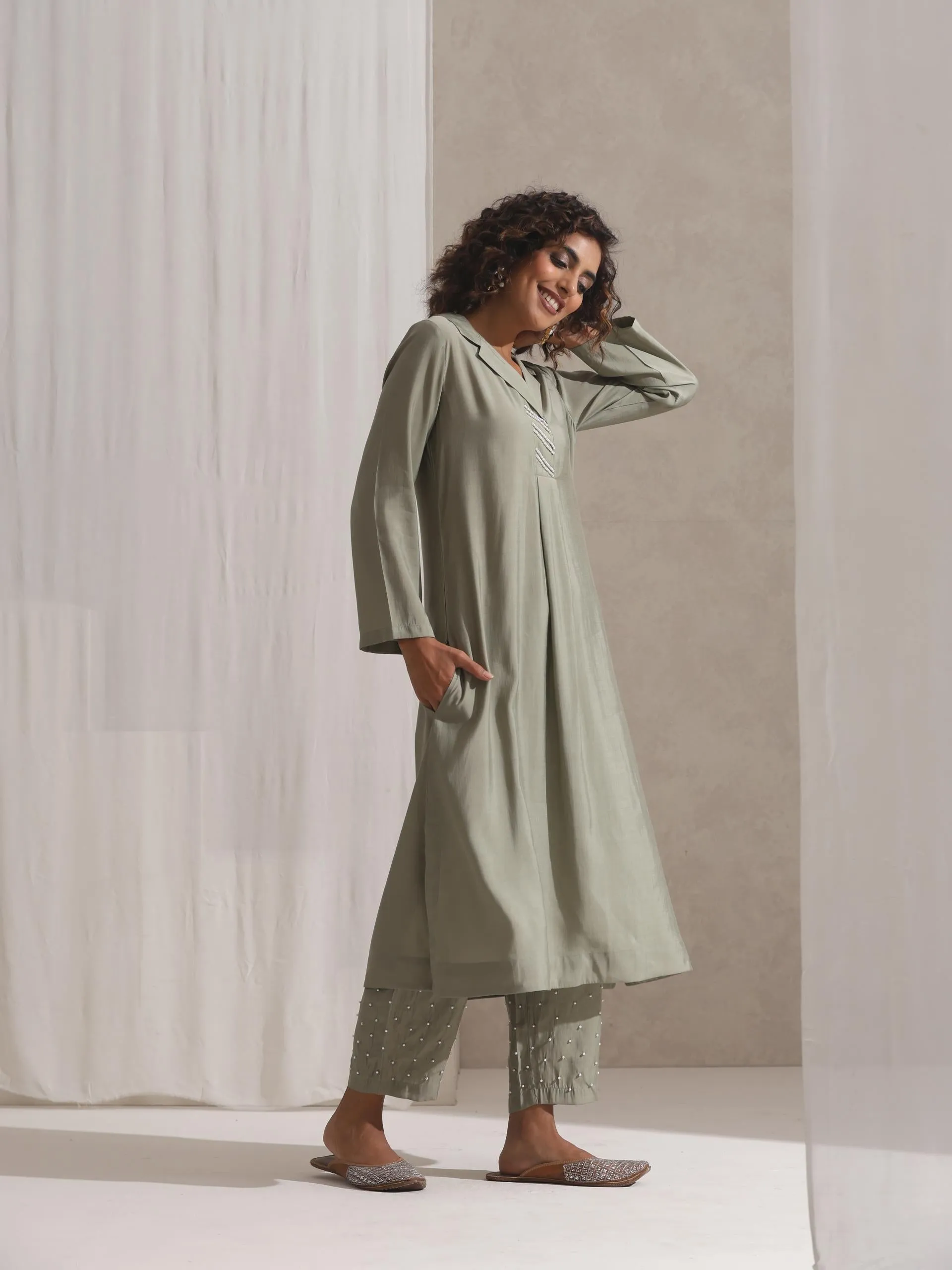 2 pc SET - Sage Kurta and Pyjama with Pearl Embroidery