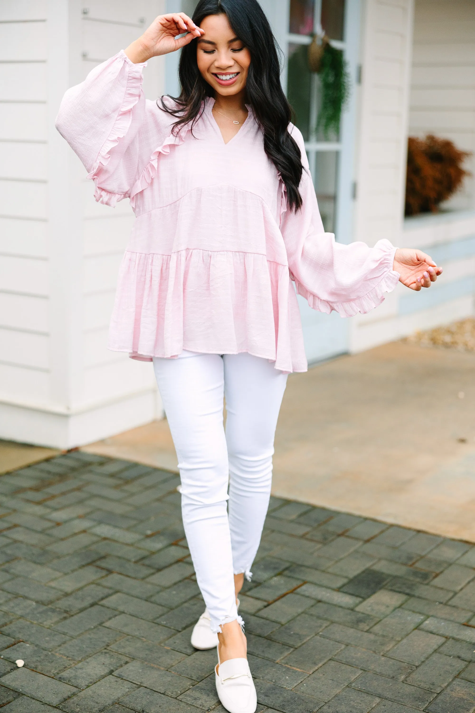 All Caught Up Blush Pink Ruffled Tunic