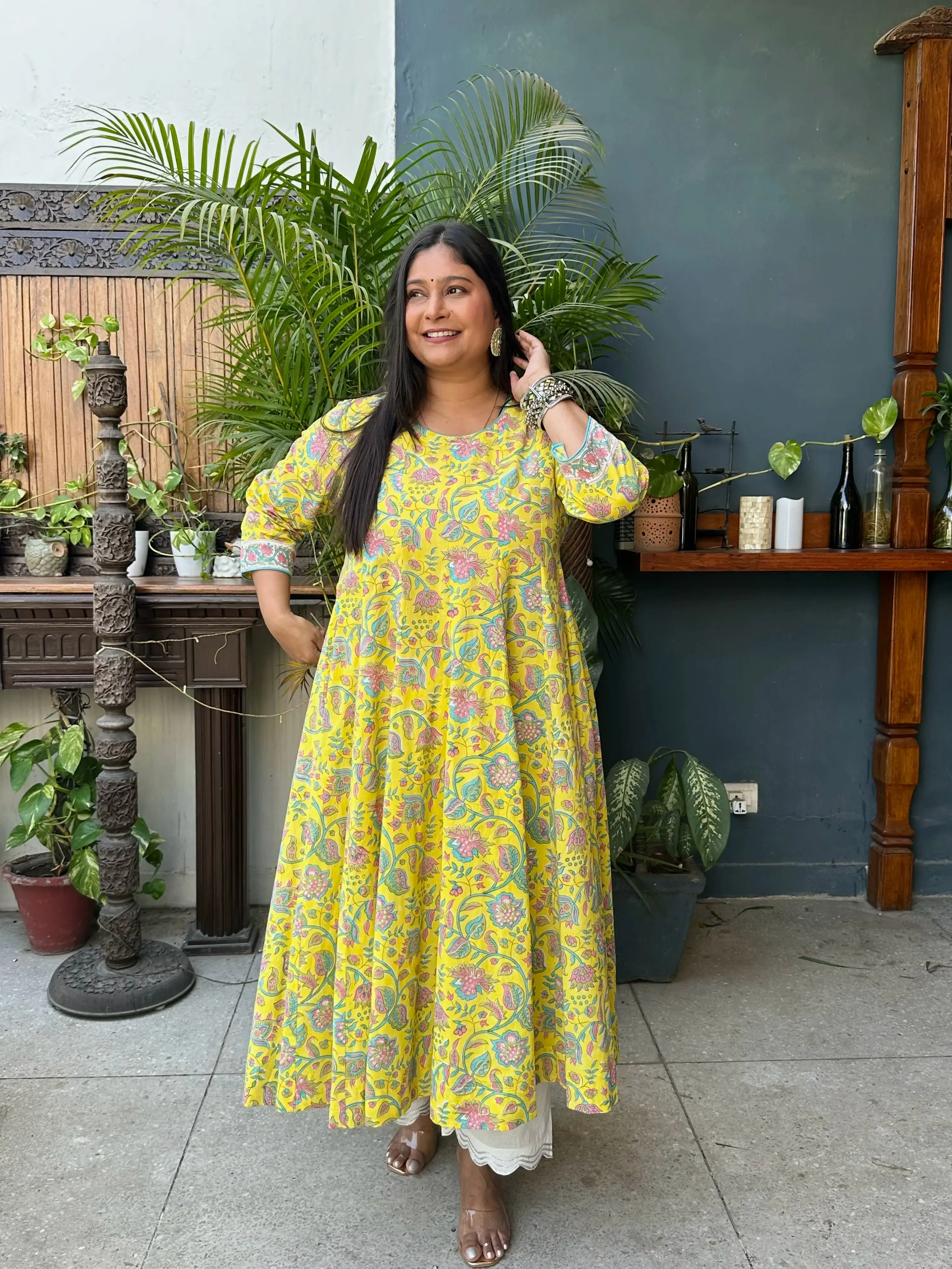 All over printed Anarkali-Yellow