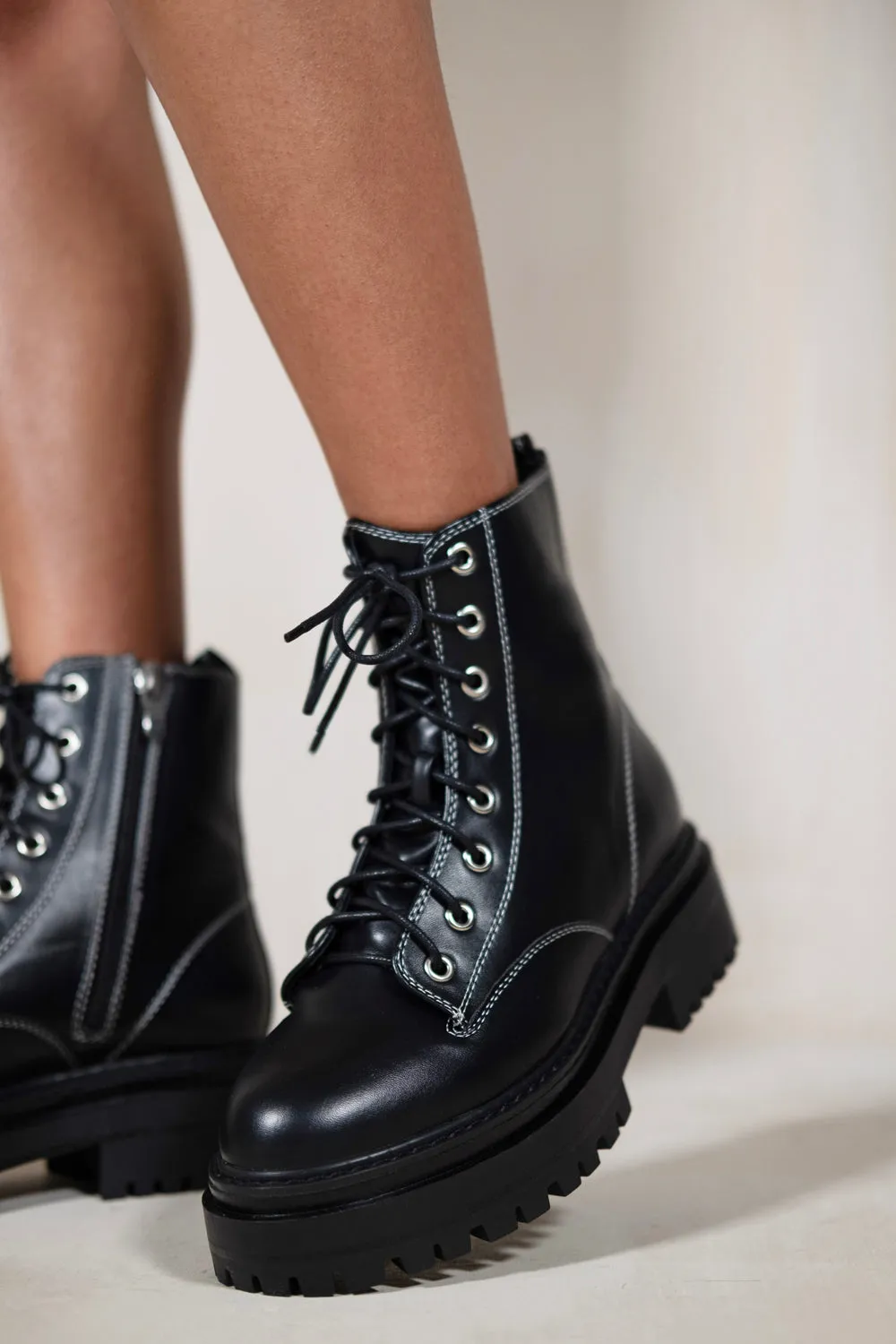 ANNIE CHUNKY PLATFORM ANKLE BOOT WITH LACE UP DETAIL IN BLACK FAUX LEATHER