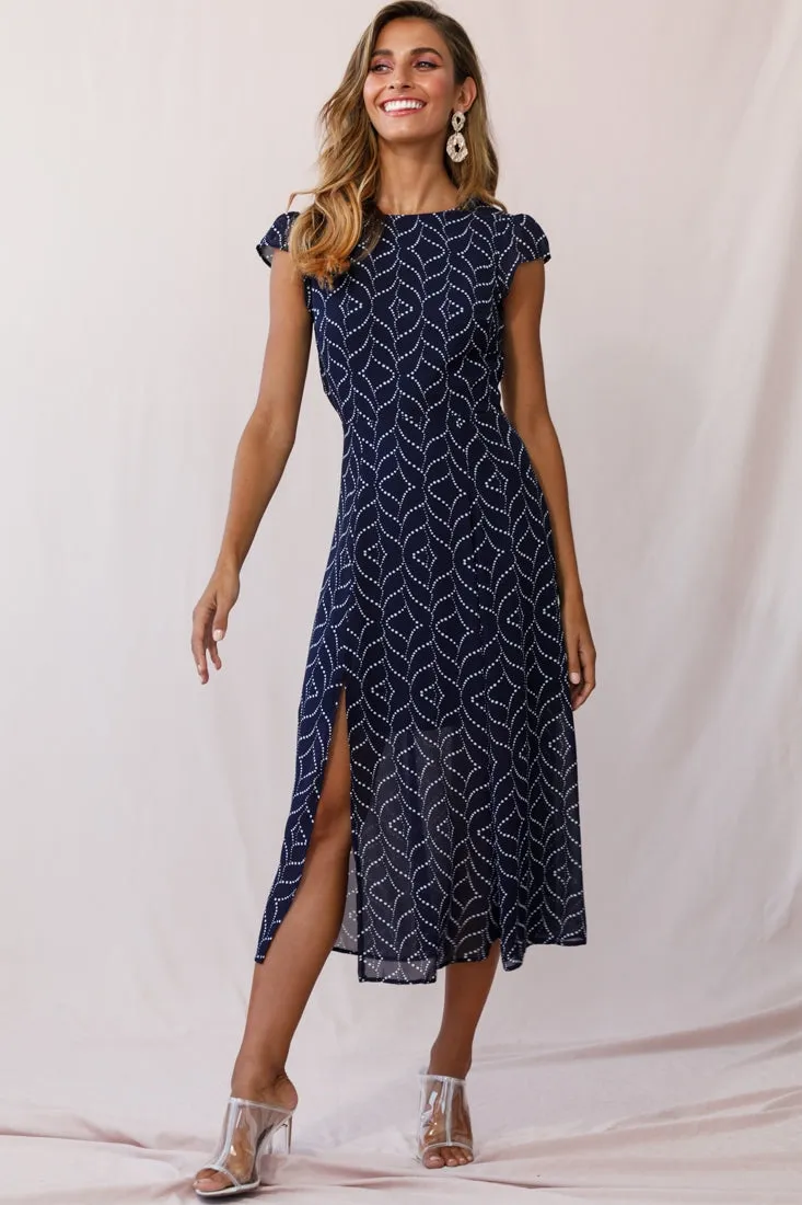 Becky Cap Sleeve Crew Neck Midi Dress Dot Print Navy