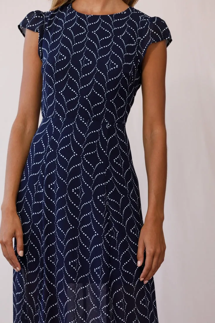 Becky Cap Sleeve Crew Neck Midi Dress Dot Print Navy