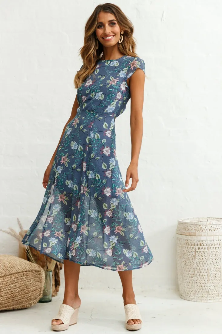 Becky Cap Sleeve Crew Neck Midi Dress Floral Print Ink