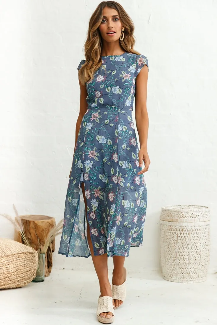 Becky Cap Sleeve Crew Neck Midi Dress Floral Print Ink