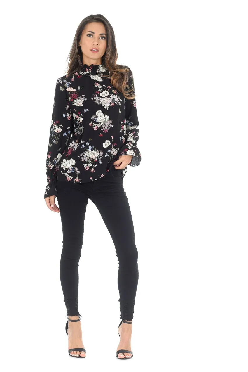 Black Floral High Neck Frill Top