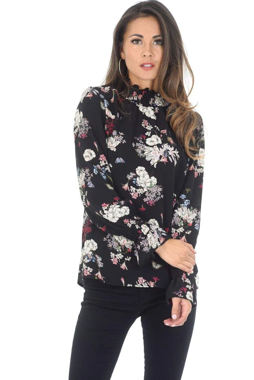 Black Floral High Neck Frill Top