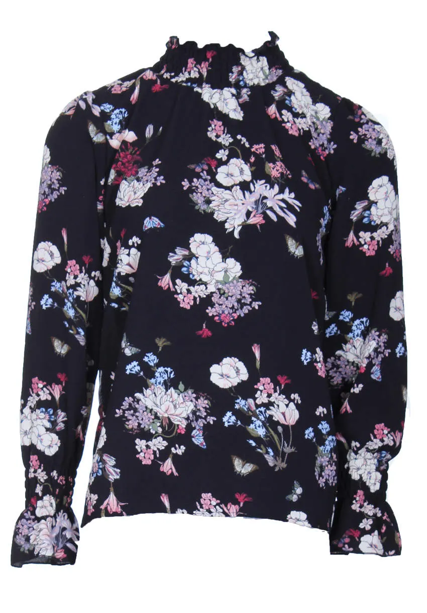 Black Floral High Neck Frill Top