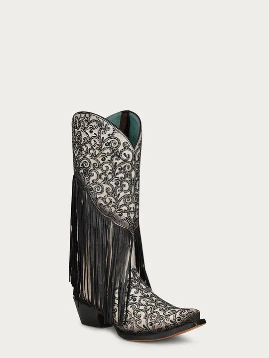 BLACK GORGEOUS GLITTERED EMBROIDERY AND FRINGE BOOT Style No. C3877