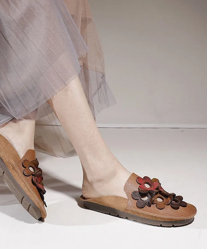 Brown Cowhide Leather Soft Splicing Hollow Out Floral Slide Sandals