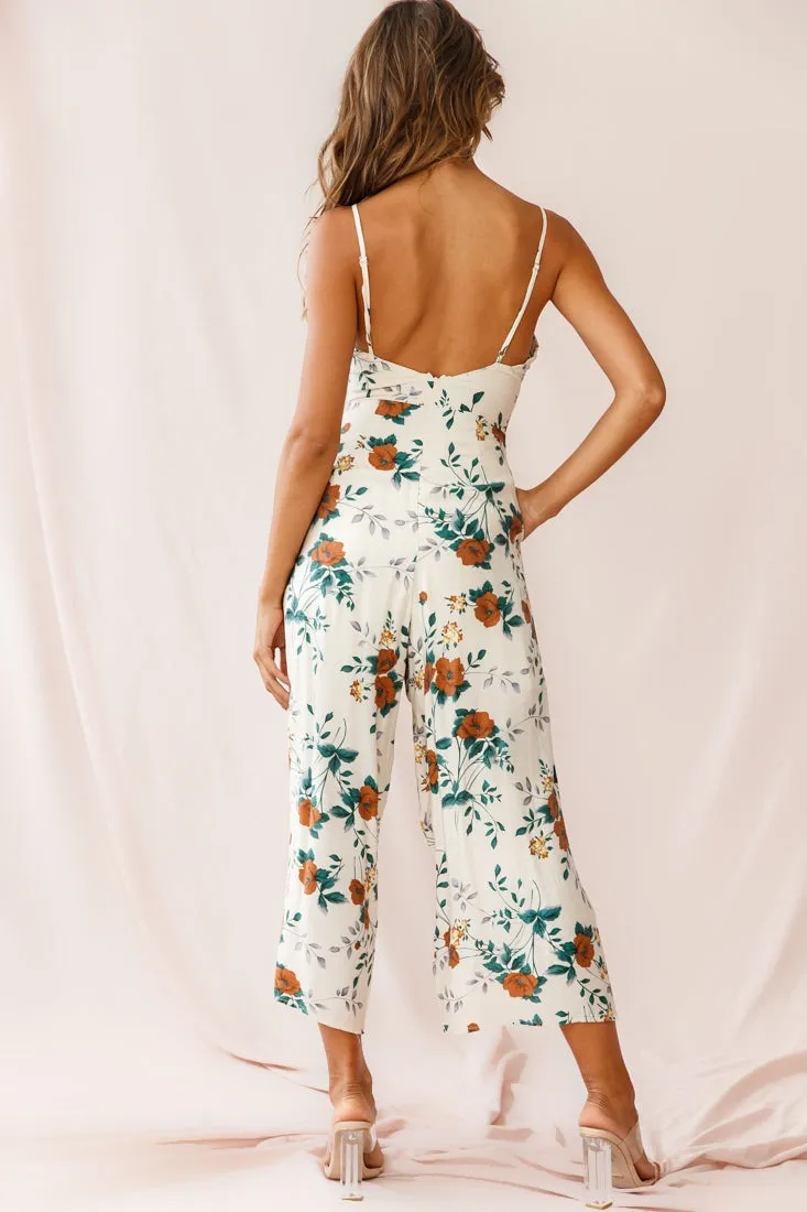 Call Me Wide-Leg Tied Bust Jumpsuit Floral Print Beige