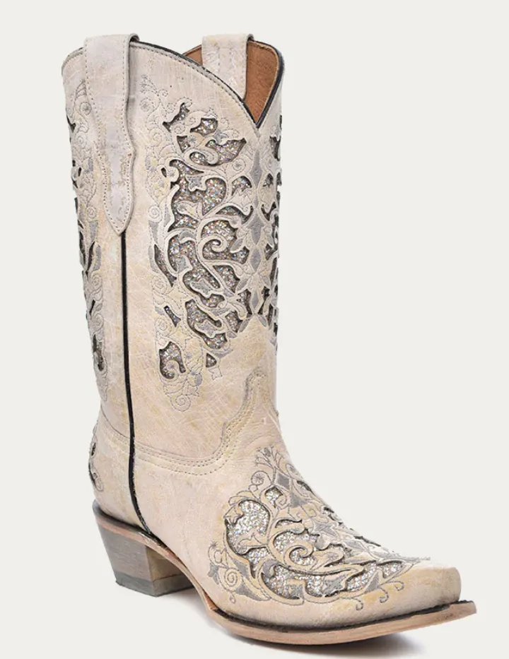 CORRAL TEEN WHITE GLITTER INLAY BOOTS STYLE T0021