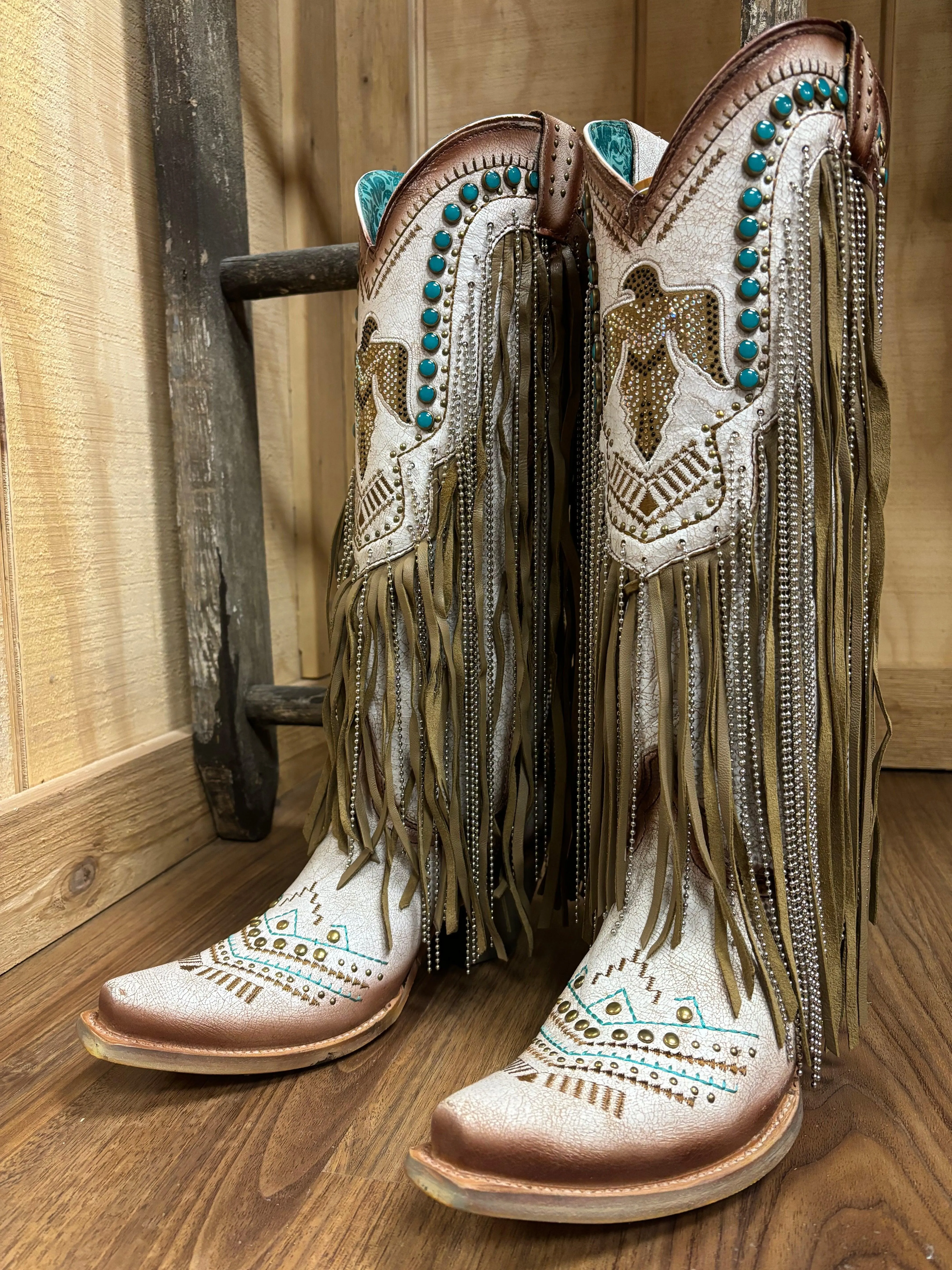 Corral Women's Beige Eagle Crystals & Studs Fringe Snip Toe Cowgirl Boots C4088