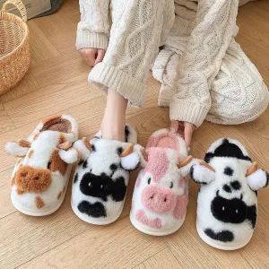 Cute Cartoon Cow Plush Slippers - Winter Warm Indoor Fuzzy Slippers for Couples