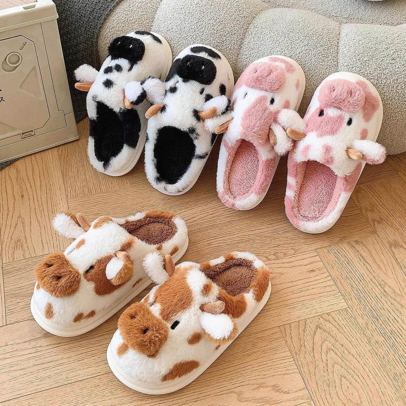 Cute Cartoon Cow Plush Slippers - Winter Warm Indoor Fuzzy Slippers for Couples