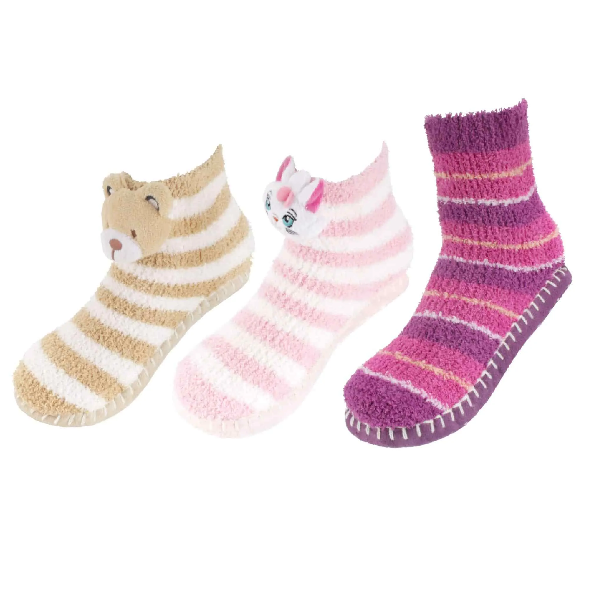 Fuzzy Animal Slippers for Women with Non Slip Slipper Grippers - 3 Pairs