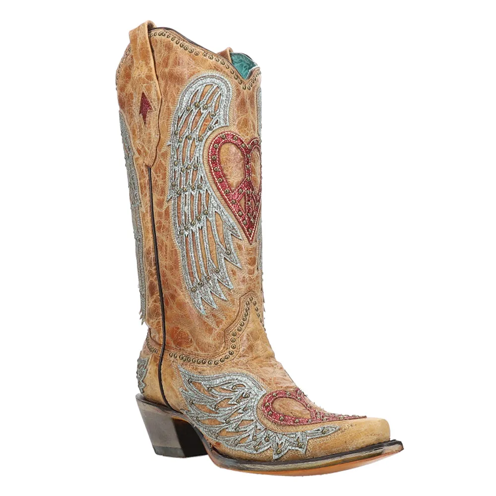 Heart and Wings Embroidery Studded Snip Toe Cowboy Boots