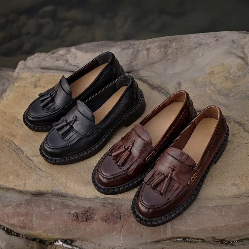 Horse Leather Loafers with Tassels Handmade Shoes in Black/Brown