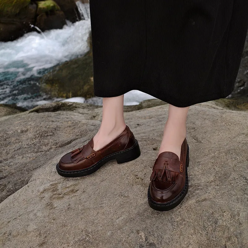 Horse Leather Loafers with Tassels Handmade Shoes in Black/Brown