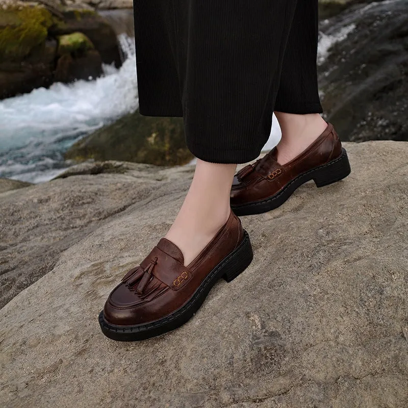 Horse Leather Loafers with Tassels Handmade Shoes in Black/Brown