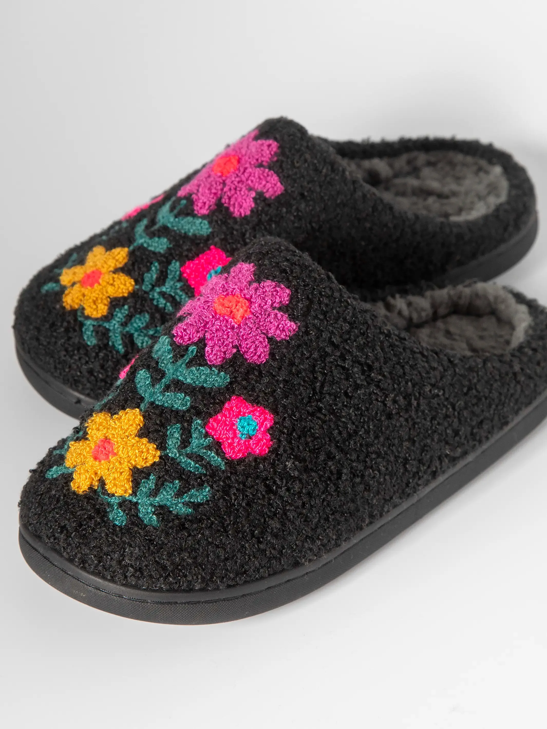 Icon Sherpa Slippers - Charcoal Pink Folk Flower