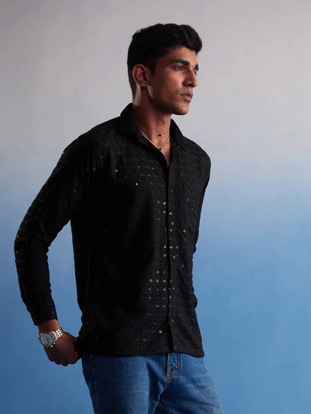 Jashvi Men's Black Rayon Embellished Shirt