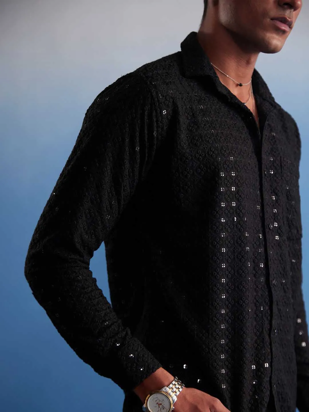 Jashvi Men's Black Rayon Embellished Shirt