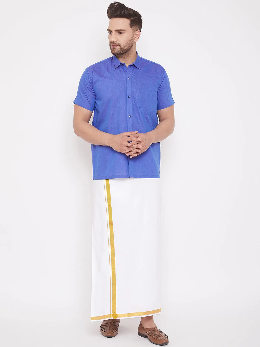 Jashvi Men's Blue Cotton Blend Ethnic Shirt