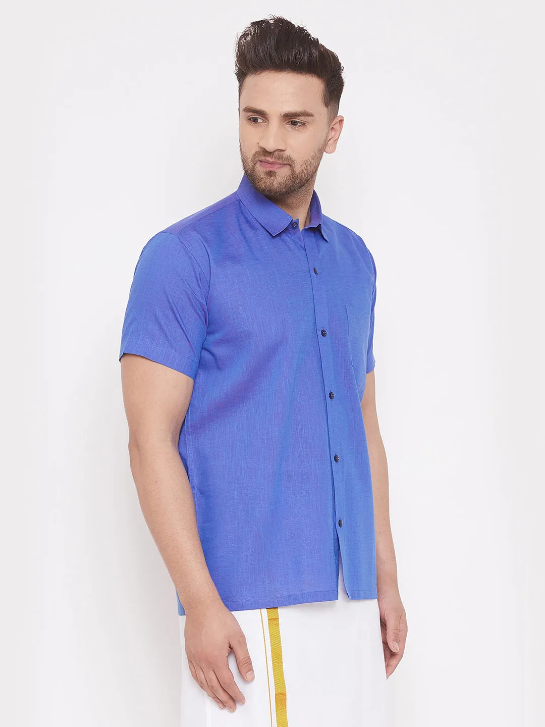 Jashvi Men's Blue Cotton Blend Ethnic Shirt