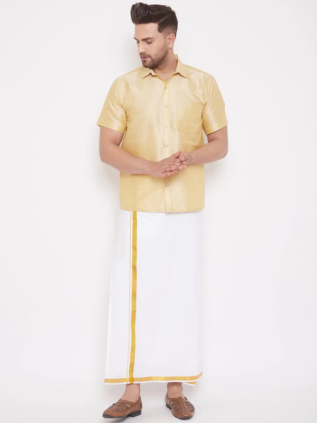 Jashvi Men's Gold Silk Blend Ethnic Shirt