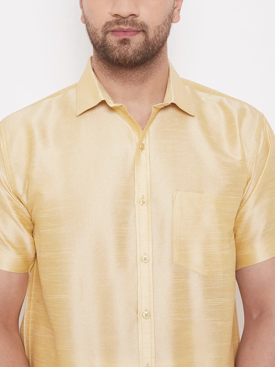 Jashvi Men's Gold Silk Blend Ethnic Shirt