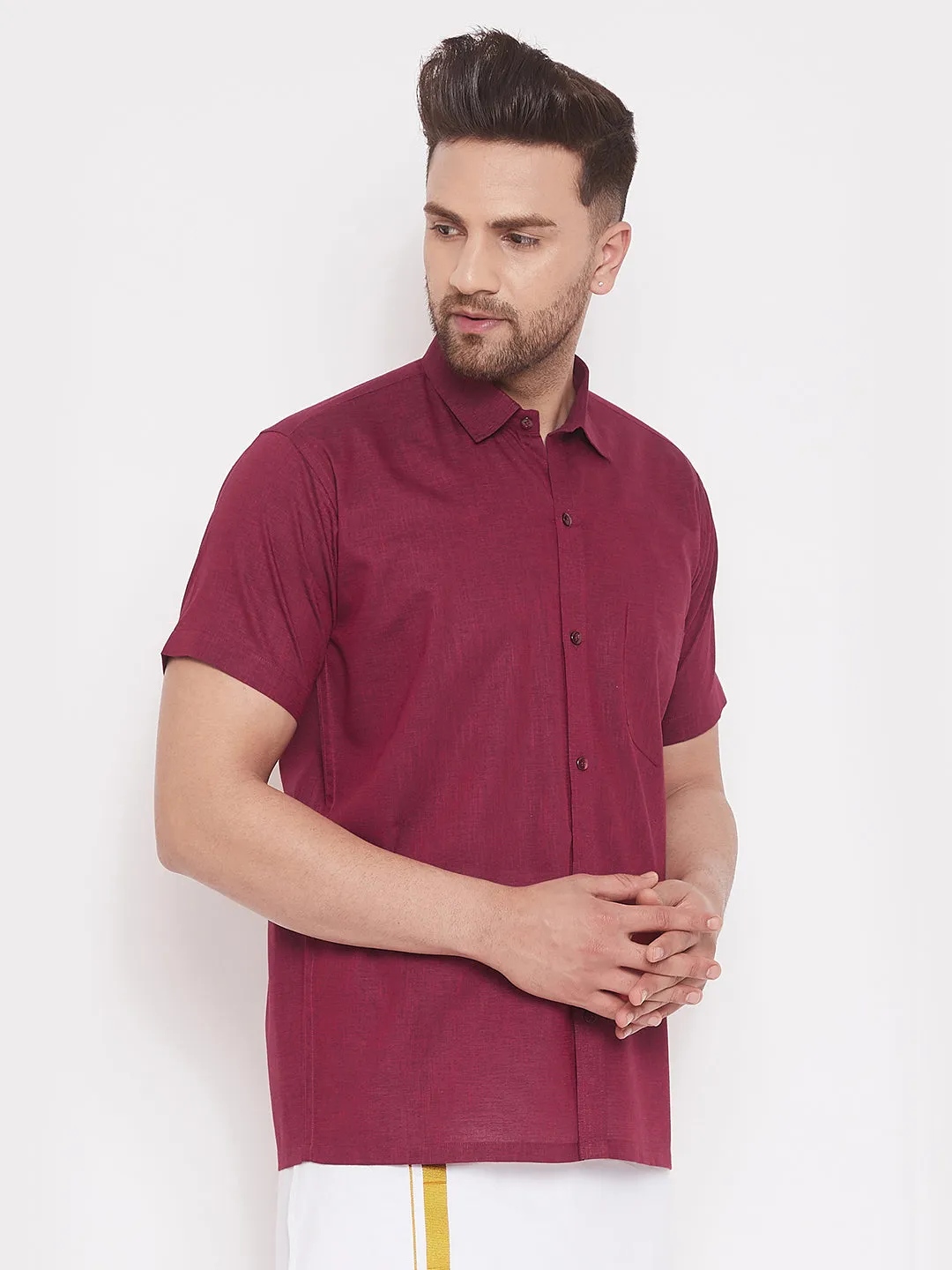 Jashvi Men's Maroon Cotton Blend Ethnic Shirt