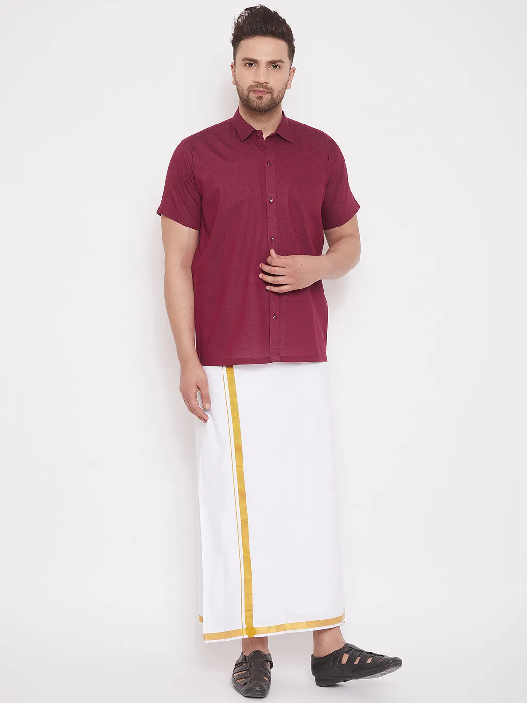 Jashvi Men's Maroon Cotton Blend Ethnic Shirt