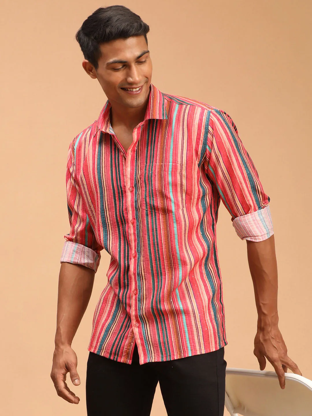 Jashvi Men's Multi-Color Striped Embellished Shirt