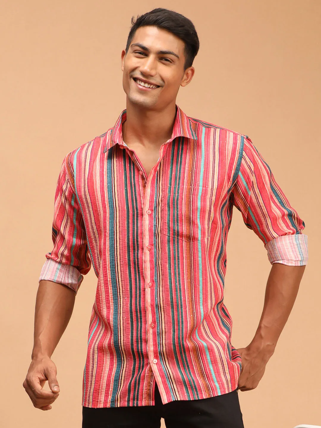 Jashvi Men's Multi-Color Striped Embellished Shirt