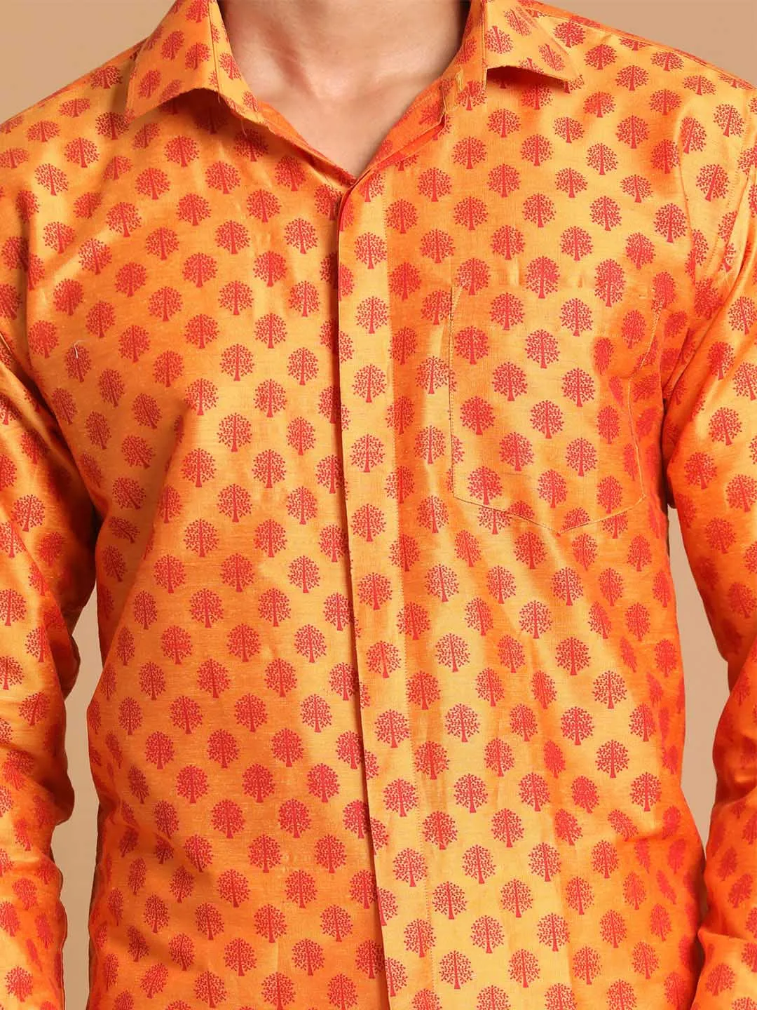 Jashvi Men's Orange Silk Blend Printed Shirt