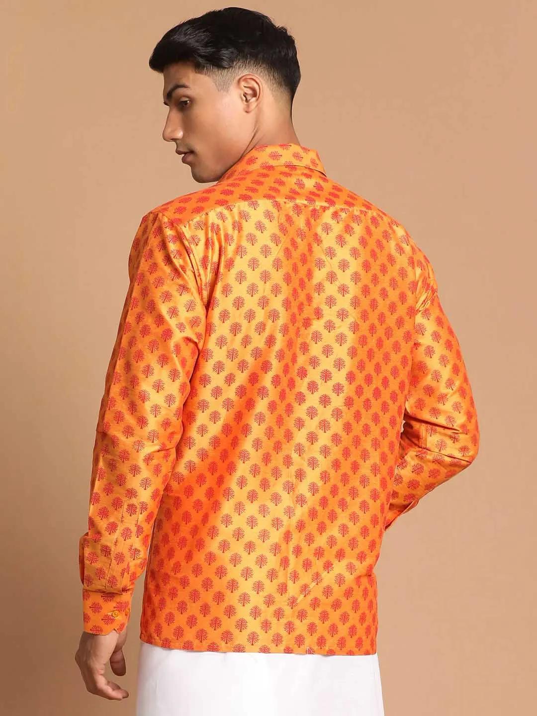 Jashvi Men's Orange Silk Blend Printed Shirt