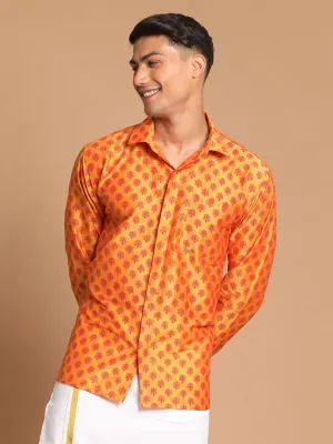 Jashvi Men's Orange Silk Blend Printed Shirt