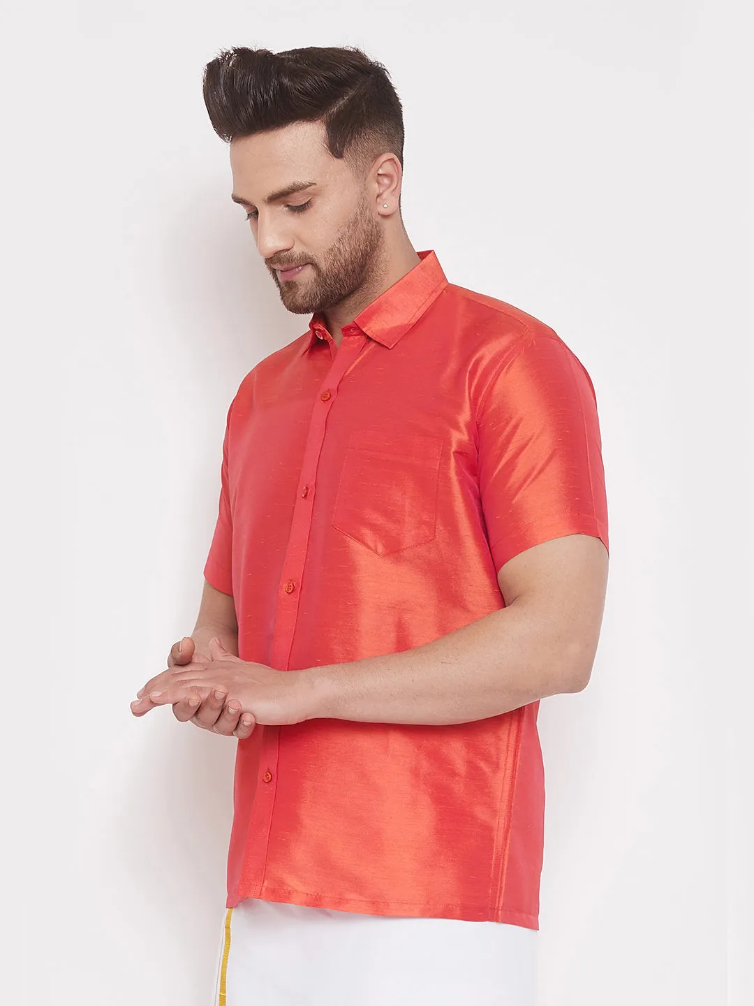 Jashvi Men's Red Silk Blend Ethnic Shirt