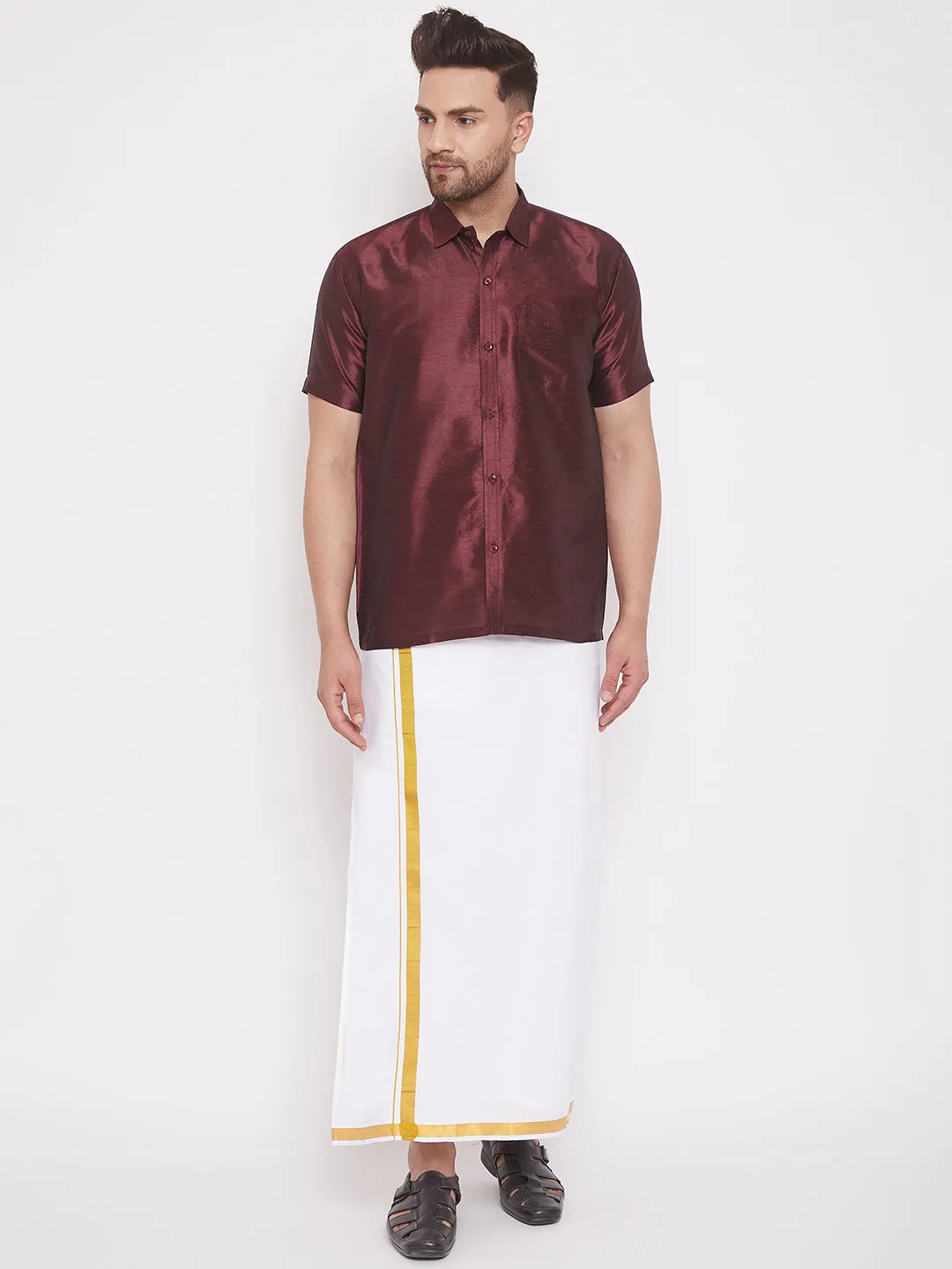 Jashvi Men's Wine Silk Blend Ethnic Shirt