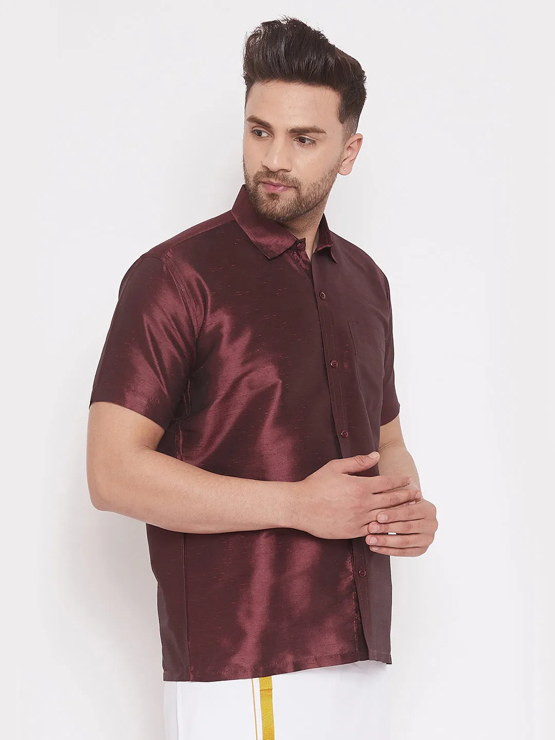 Jashvi Men's Wine Silk Blend Ethnic Shirt