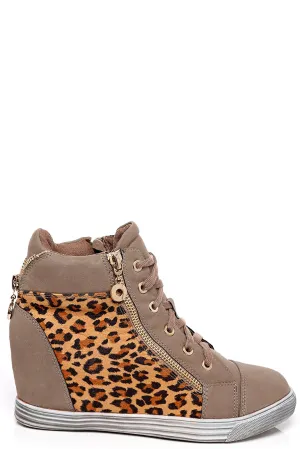 Leopard Print Wedge Trainers in Khaki