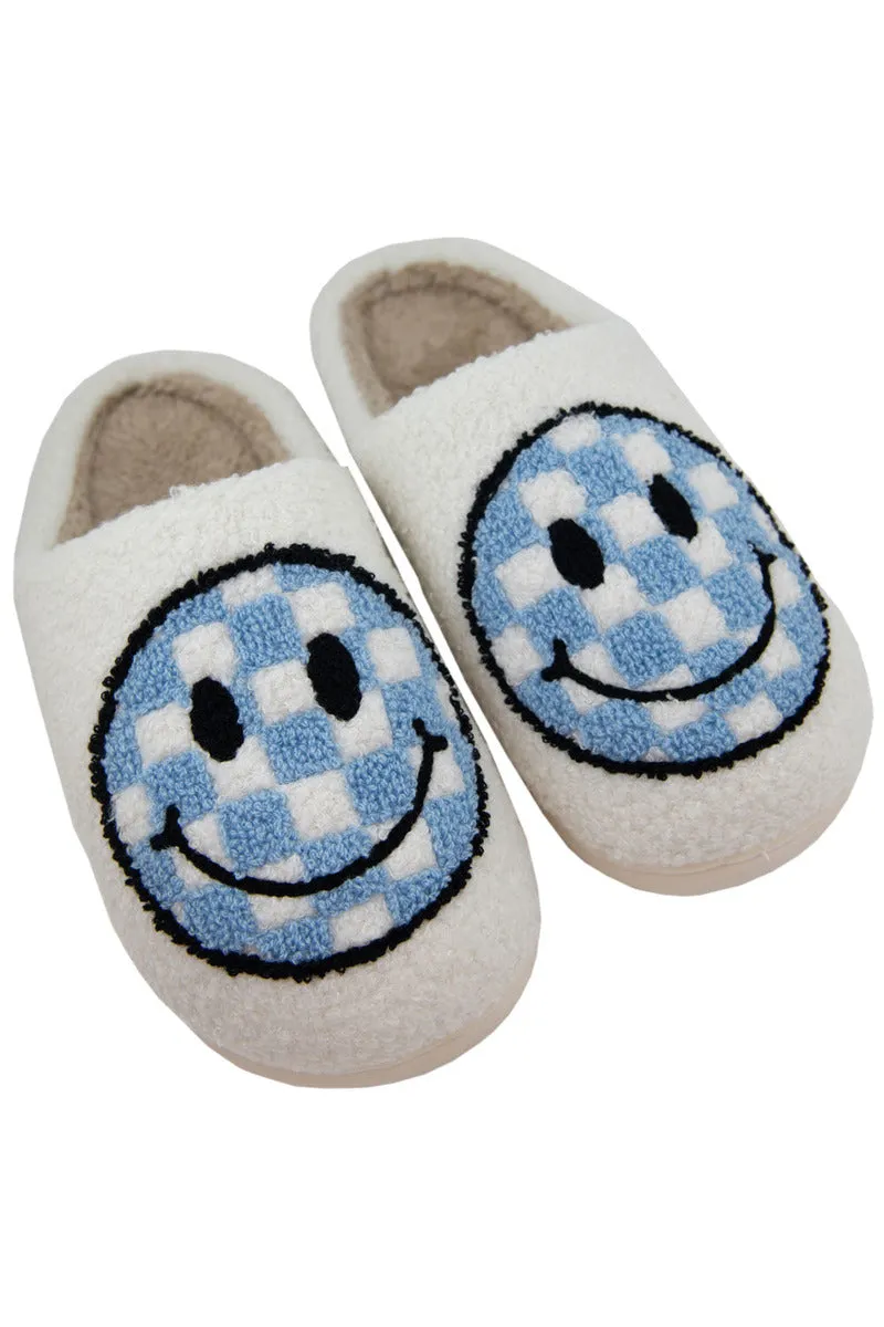 Light Blue Checkered Pattern Happy Face Slippers for Women