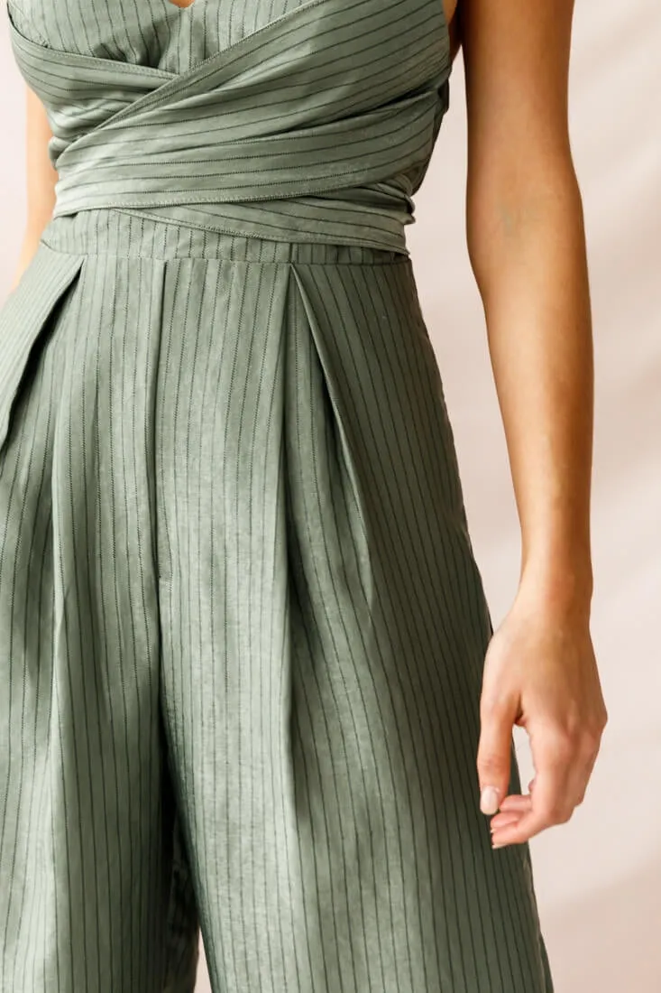 Nancy Wide Leg Pinstripe Jumpsuit Olive