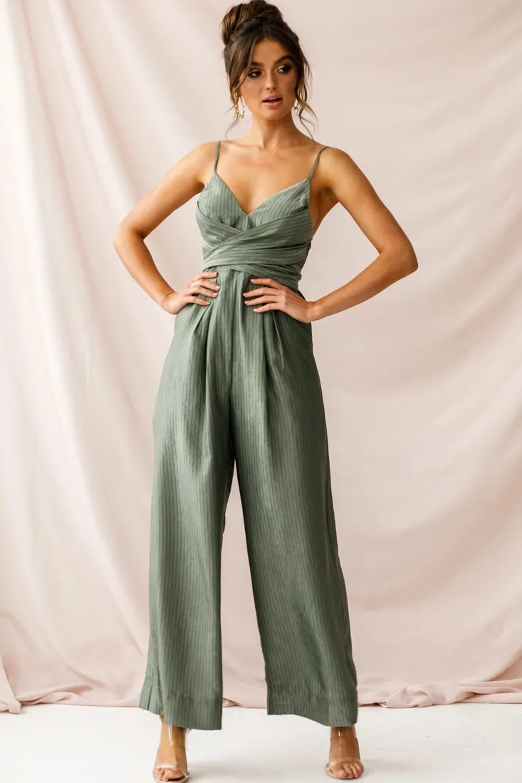 Nancy Wide Leg Pinstripe Jumpsuit Olive