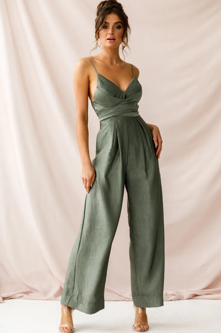 Nancy Wide Leg Pinstripe Jumpsuit Olive