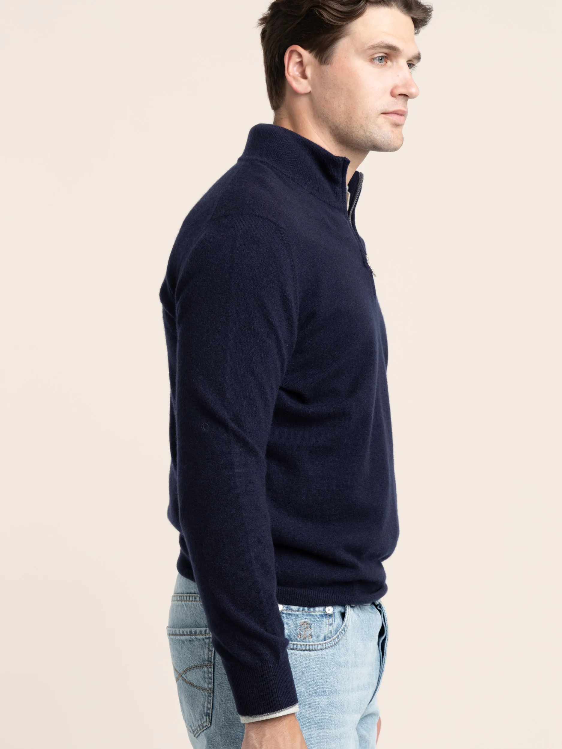 Navy Cashmere Quarter Zip Sweater