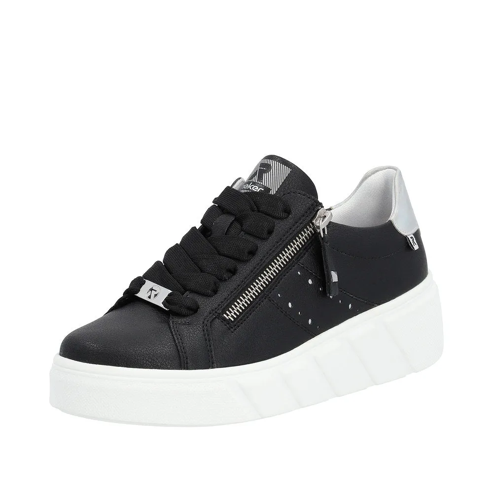 Rieker W0505-00 Carla Ladies Black Leather Zip & Lace Trainers