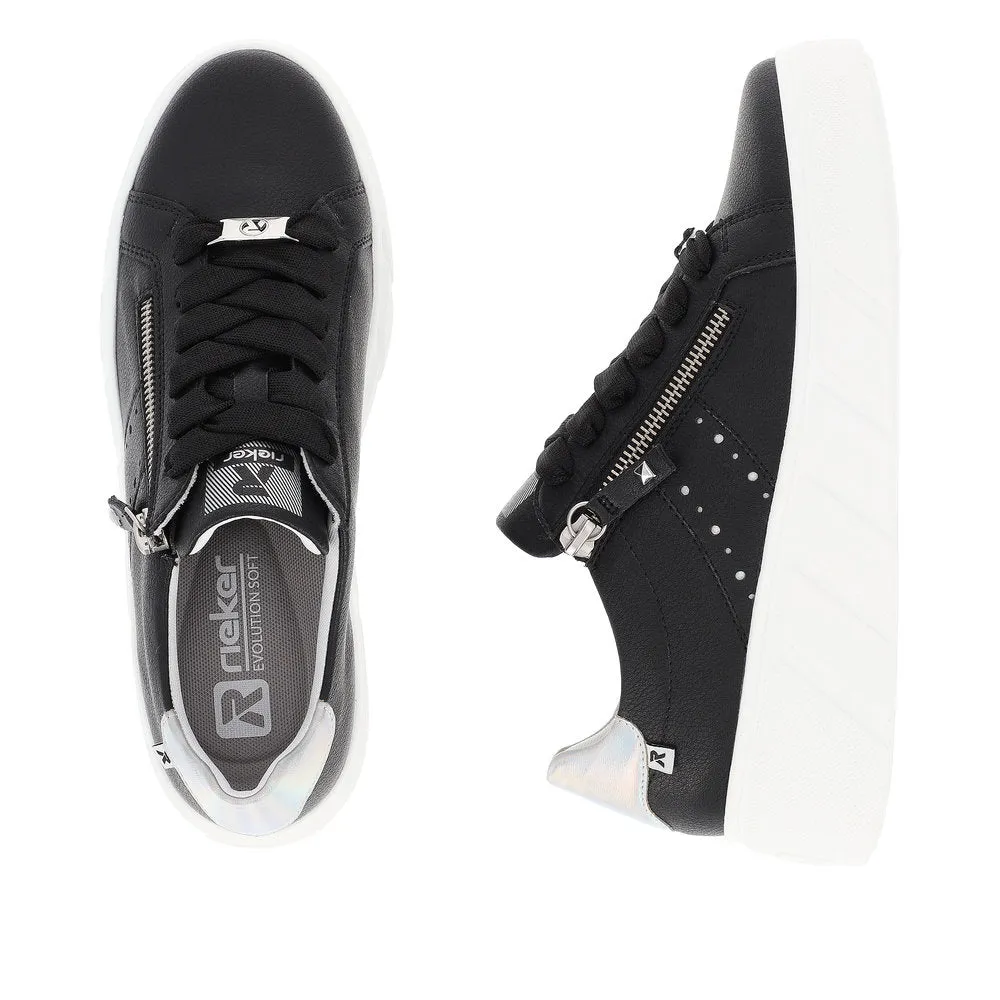 Rieker W0505-00 Carla Ladies Black Leather Zip & Lace Trainers