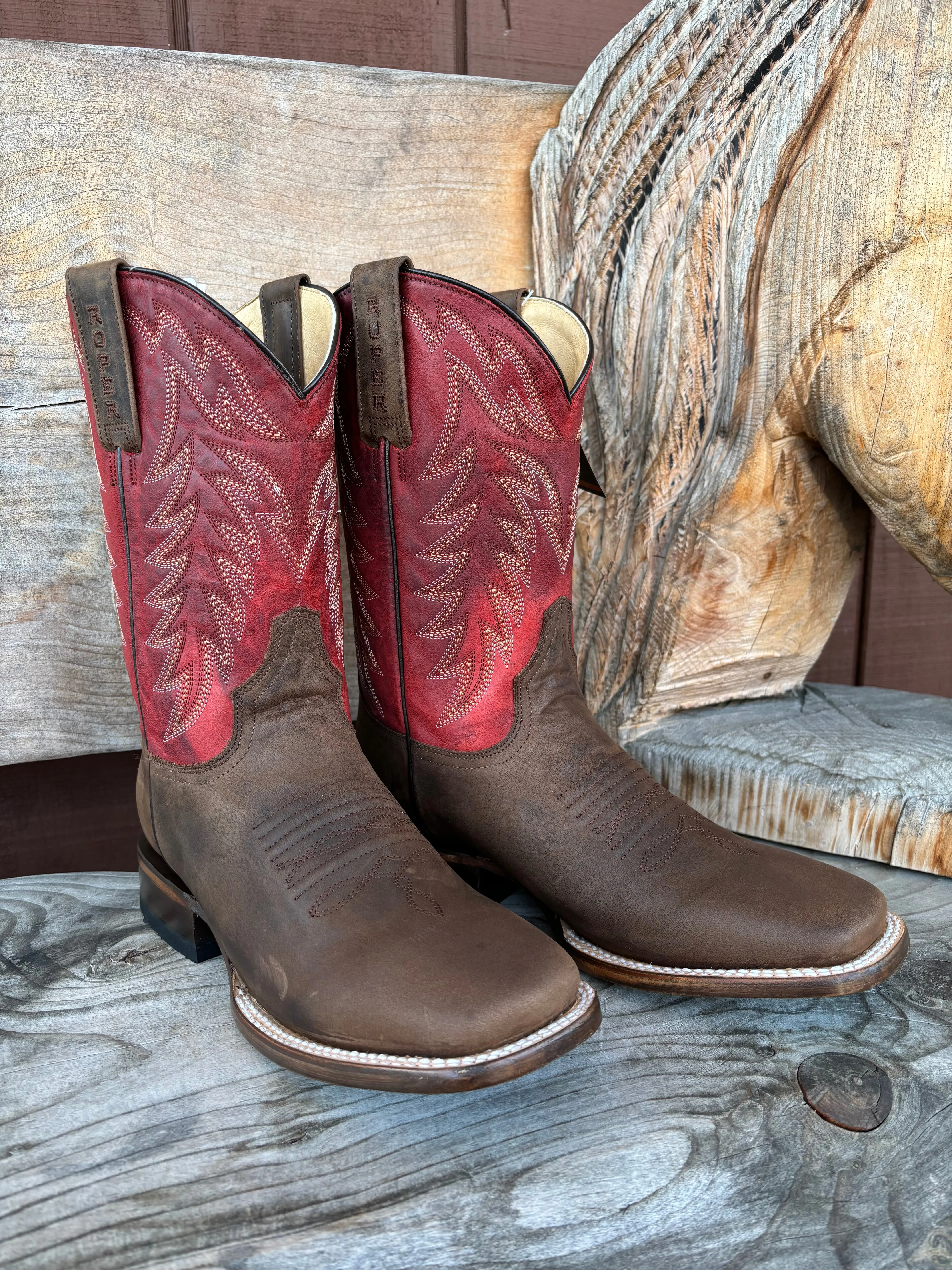 Roper Men's Burnish Brown & Red Square Toe Western Cowboy Boots 9201-8662